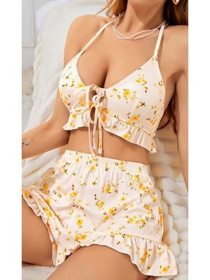 bebekokusu Kadın Çiçekli Ekru Askılı Şortlu Pijama Takım 6646