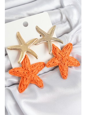 Youday Accessories Pirinç Sallantılı Turuncu Deniz Yıldızı Model Gold Renk Hasır Küpe