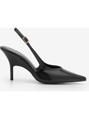 Marjin Kadın Stiletto Sivri Burun Ayarlanabilir Tokalı Yanları Açık Klasik Topuklu Ayakkabı Fesro Siyah