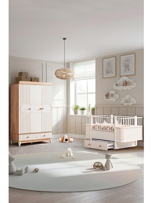 Setay Klas Meşe Çocuk Odası Takımı, Klas Meşe 3 Kapaklı Dolap, Krem Dünya Büyüyen Çekmeceli Beşik