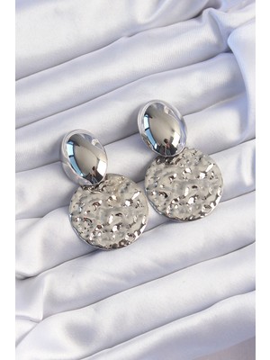 Youday Accessories Pirinç Gümüş Renk Oval Ezme Plaka Küpe