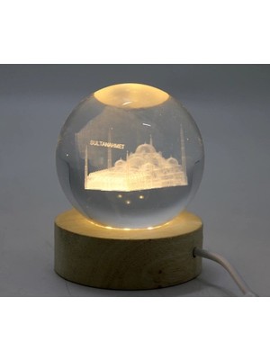 TeknoKapsül 3D Kristal Cam Küre Ahşap Soketli Istanbul Temalı LED Lamba AALK2574