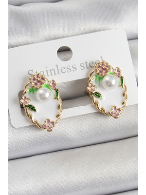 Youday Accessories Pirinç Beyaz Mineli Inci Detaylı Sanatsal Portre Model Gold Renk Kadın Küpe