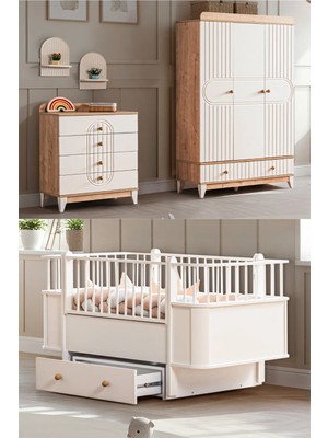 Setay Klas Meşe Çocuk Odası, Klas Meşe 3 Kapaklı Dolap, Krem Dünya Büyüyen Çekmeceli Beşik, Şifonyer