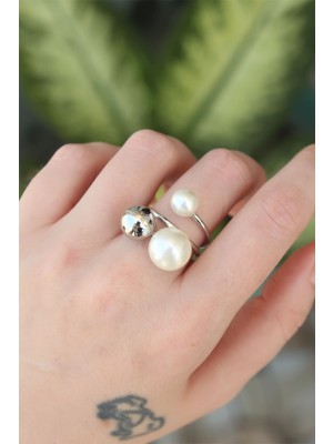 Youday Accessories Pirinç Gümüş Renk Ayarlanabilir Inci Taşlı Yüzük