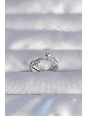 Youday Accessories Pirinç Gümüş Renk Zirkon Taşlı Kalpli Model Ayarlanabilir Yüzük