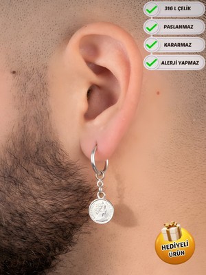 PremiumPort Unisex Çelik Halka Sallantılı Madalyon Küpe, Şık ve Dayanıklı Tasarım