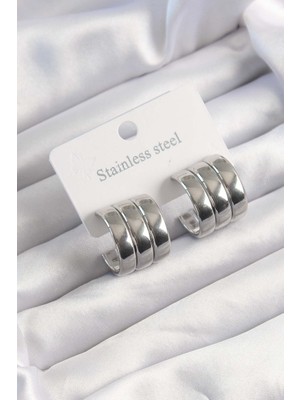 Youday Accessories 316L Çelik Gümüş Renk 3lü Görünüm Bombe Model Yarım Halka Küpe