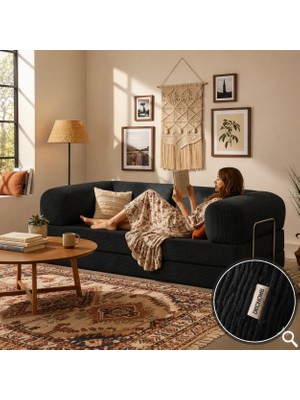 Dechome Meganest 200x100 Modern Fitilli Kadife Kanepe| Yatak Olabilen, Dayanıklı Orta Sert Sünger, Yıkanabilir Kılıf