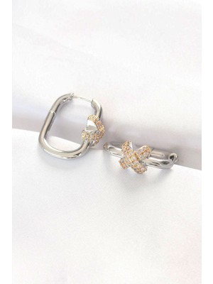 Youday Accessories Pirinç Çift Renk Taşlı x Tasarımlı Dikdörtgen Küpe