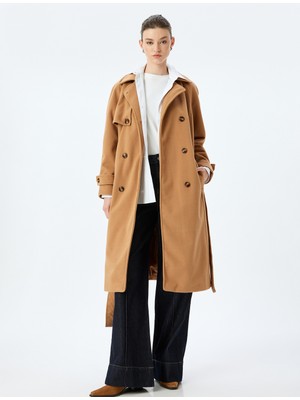 Koton Düğmeli Cepli Kuşak Detaylı Kruvaze Uzun Kaşe Kaban