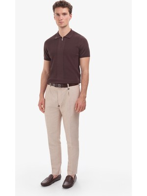 Pierre Cardin Erkek Açık Kahverengi Slim Fit Keten Karışımlı Pileli Pantolon 50325165-VR002
