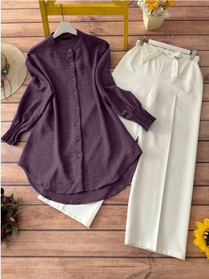 Moda Morfo Kol Manşeti Drapeli Oval Kesim Gömlek    -Mürdüm