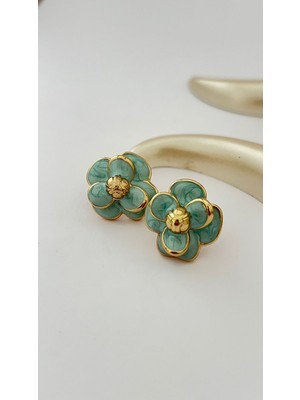 PremiumPort Çiçek Desenli Mineli Altın Kaplama Paslanmaz Çelik Küpe