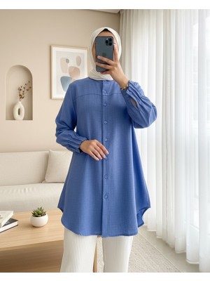 Moda Morfo Kol Manşeti Drapeli Oval Kesim Gömlek    -Indigo