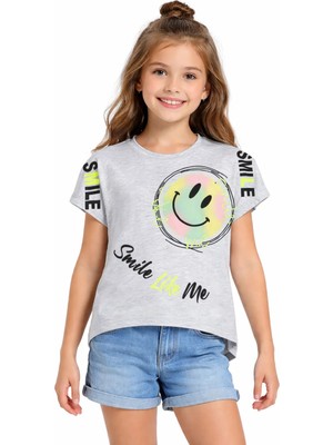 Pançiko Kız Çocuk Smile Yazılı Emojili Desenli Açık Yeşil Renk Kısa Kol Tişört