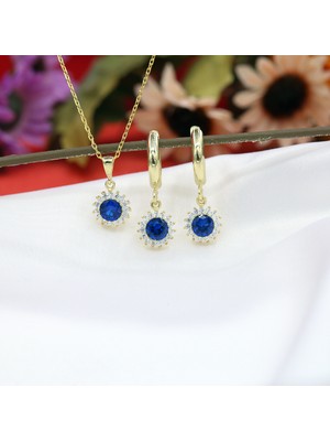 TB Takı Boom Safir Taşlı Takı Seti, Lacivert Taşlı Minimal Kolye Küpe, Sallantılı Küpeler, Gold Kaplama