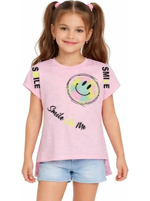 Pançiko Kız Çocuk Smile Yazılı Emojili Desenli Pembe Renk Kısa Kol Tişört
