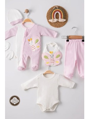 TeknoKapsül Nakışlı Puanlı Tulumlu % 100 Pamuk Kız Bebek 5'li Set