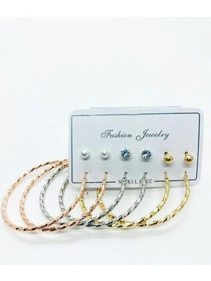 twingold Kıvrımlı Halka Tasarımlı Gold Gümüş ve Rose Renk Zirkon Inci ve Top Küpeli Küpe Seti