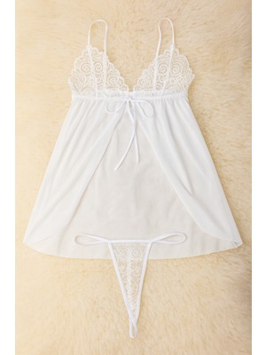 Liora De Mar Kadın Beyaz Dantelli Tül Babydoll Gecelik Takımı Tanga Hediyeli