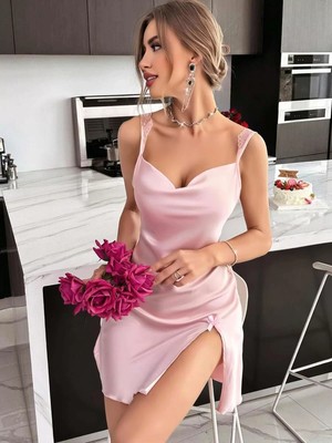 bebekokusu Kadın Saten Askılı Dantel Detaylı Gecelik - Pudra Pembe 2224