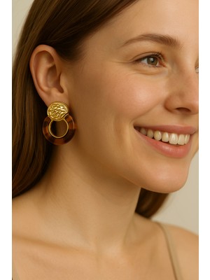 PremiumPort Antik Dokulu Kahverengi Kehribar Vintage Çelik Küpe