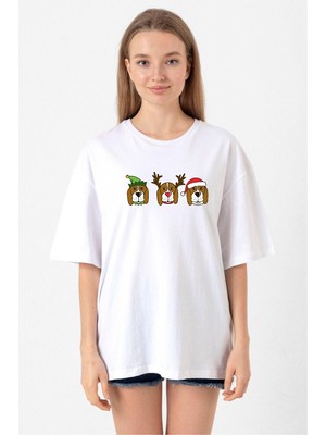 3 Wise Beagles Christmas Beyaz Kadın Oversize Tshirt