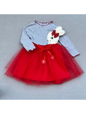 Herşey Trend Herşeytrend 5-6-7 Yaş Pelüş Tavşan Desenli Kurdela Kuşaklı Astarlı Kız Çocuk Tütü Elbise Kırmızı