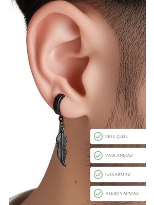 PremiumPort Sallantılı Erkek Çelik Siyah Küpe, Trend Tüy Model, Şık ve Modern Tasarım