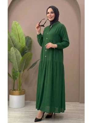 Mismoly Yarım Düğmeli Tesettür Elbise – Büzgü Detaylı Rahat Kalıp Günlük Uzun Elbise
