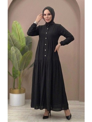 Mismoly Yarım Düğmeli Tesettür Elbise – Büzgü Detaylı Rahat Kalıp Günlük Uzun Elbise