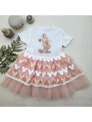 Herşey Trend Herşeytrend 1-2-3 Yaş Payetli Mickey Baskılı Brode Etekli Kız Bebek Elbisesi Pudra