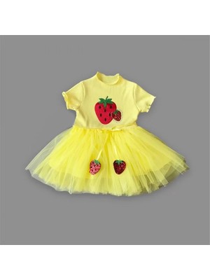 Herşey Trend Herşeytrend 1-2-3 Yaş Payetli Çilek Baskılı Çilek Kuşaklı Kız Bebek Elbisesi Sarı