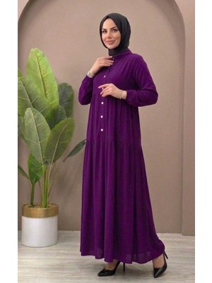 Mismoly Yarım Düğmeli Tesettür Elbise – Büzgü Detaylı Rahat Kalıp Günlük Uzun Elbise