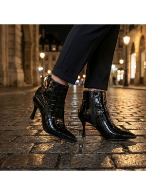 Çiğdem Kundura Zynia Yandan Fermuarlı Yüksek Topuklu Kadın Bot - Siyah - 40