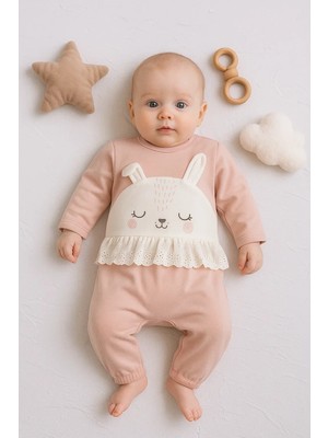 Herşey Trend Herşeytrend Tavşan Nakışlı Güpürlü % 100 Pamuk Kız Bebek Tulum