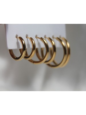 PremiumPort Şık 3 Boy Altın Renk Yuvarlak Çelik Küpe Takımı