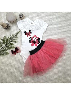 Herşey Trend Herşeytrend 9-12-18 Ay Payetli Kelebek Nakışlı Taçlı Kısa Kollu Tütü Etek 3lü Kız Bebek Takımı Nar Çiçeği