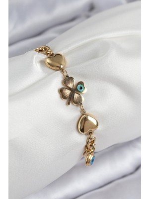 Zenvia 316L Çelik Nazar Boncuk Detaylı Yonca Model Gold Renk Kadın Bileklik - TJ-BB7832