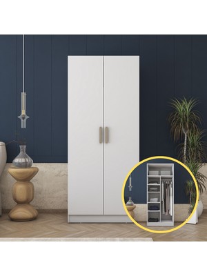 Rani BA170 Gardırop 2 Kapaklı 5 Raflı Askılı Elbise Dolabı Beyaz