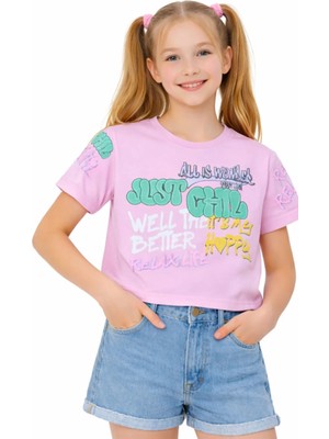 İrem Çocuk Giyim Kız Çocuk Just Chill Yazı Desenli Kısa Model (Crop) Pembe Renk Tişört