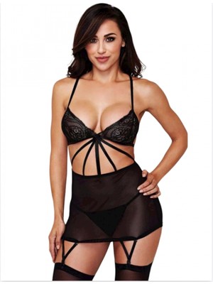Pileli Store Tegan Büyük Beden Fantazi Siyah Dantelli Jartiyer Takım TG273255