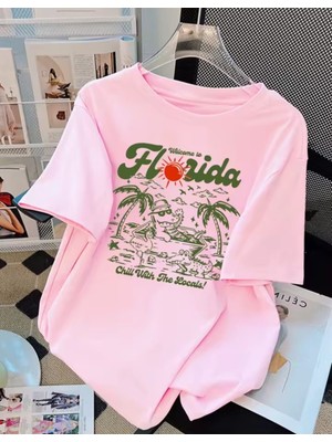 Punix Punıx Büyük Beden Özel Tasarım Florıda Baskılı Yeni Sezon Yazlık Kadın Battal T-Shırt