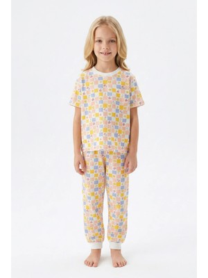 Bunny Hopp Kısa Kollu Renkli Kareli Çiçek Desenli Kız Çocuk Pijama Takımı - %100 Pamuklu Uyku Seti