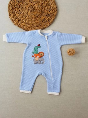 Herşey Trend Herşeytrend 6-9 12-18 18-24 24-36 Ay Animal Nakışlı Bal Peteği Kumaş Es Fermuarlı Erkek Bebek Tulumu Mavi