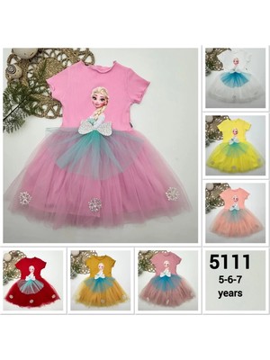 Herşey Trend Herşeytrend 5-6-7 Yaş Elsa Desenli Fiyonklu Tül Etekli Astarlı Kısa Kollu Kız Çocuk Tütü Elbise Sarı