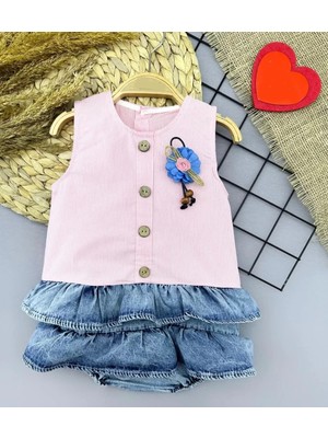 Herşey Trend Herşeytrend 6-9-12-18 Ay Gül Rozet Detaylı Kot Kilotlu Etek Kız Bebek Elbisesi Pembe