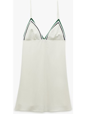 Koton Viskon Keten Karışımlı Astarlı Şerit Detaylı Kalp Yaka Ince Askılı Mini Elbise