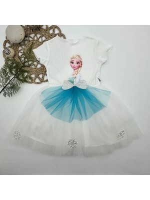 Herşey Trend Herşeytrend 5-6-7 Yaş Elsa Desenli Fiyonklu Tül Etekli Astarlı Kısa Kollu Kız Çocuk Tütü Elbise Beyaz